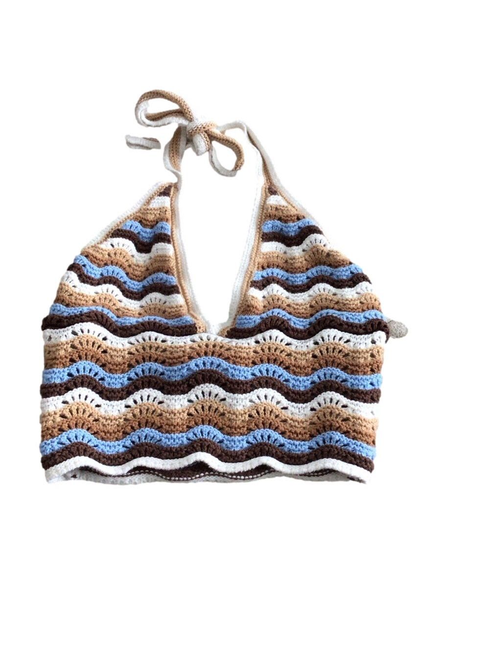 Social Tourist Striped Crochet Halter Crop Top Women’s Small